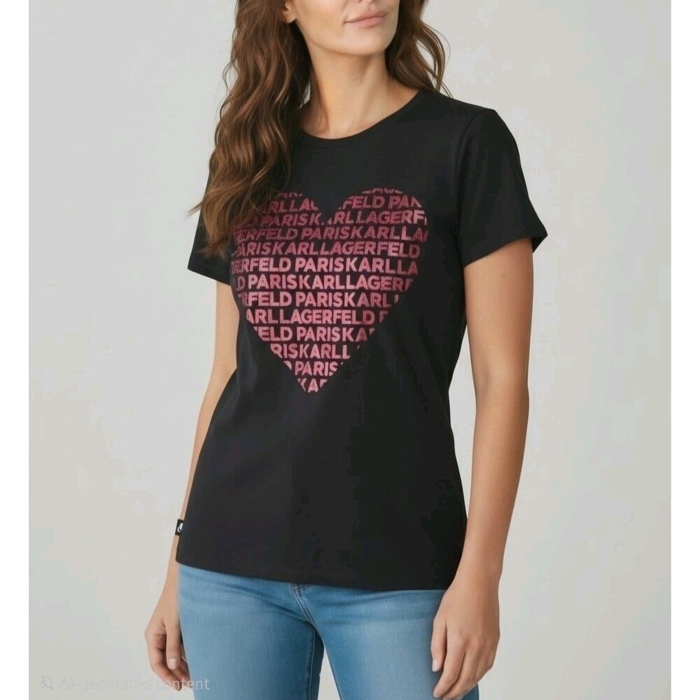 Karl Lagerfeld Paris Black Short Sleeve T-Shirt Rhinestone Heart Graphic Size XS